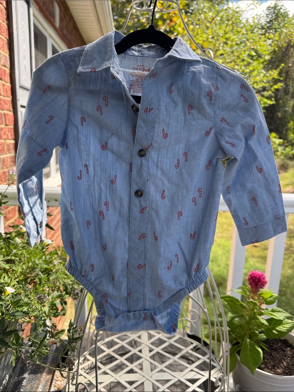 Baby Cat & Jack Light Blue Candy Cane Button-Front Shirt Bodysuit. Size 12m